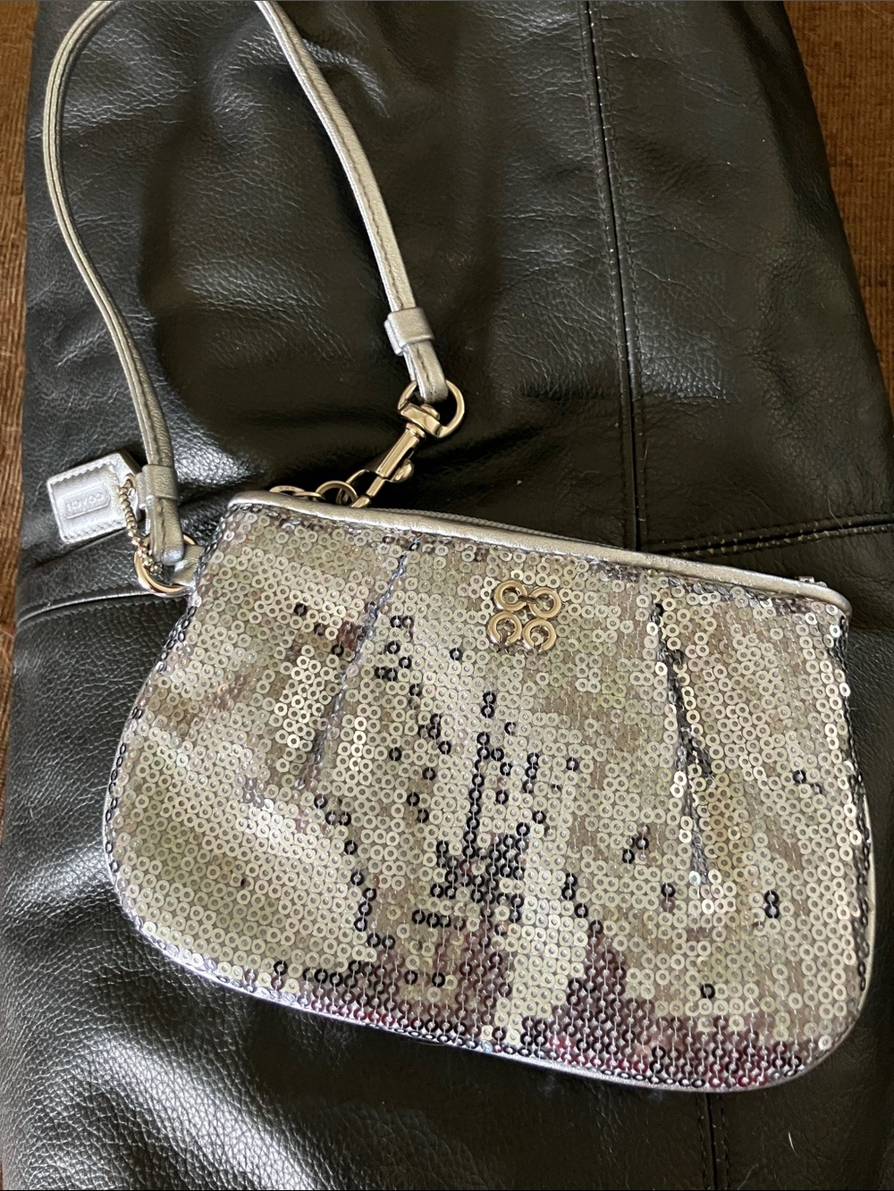 Coach Silver Sequin Wristlet Clutch